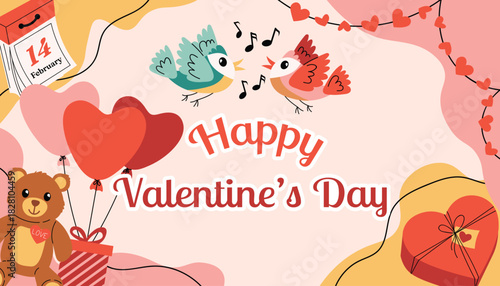 Festive Valentines Day card with organic shapes, holiday text, loving songbirds, teddy bear with gift and heart balloons, heart box, cute garland and calendar symbol.