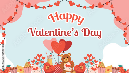 Colorful Happy Valentines Day greeting card with sweet text, organic shapes, heart garlands, teddy bear with heart balloons and gift box, heart gift, roses, love mail, cupcakes and more on blue.