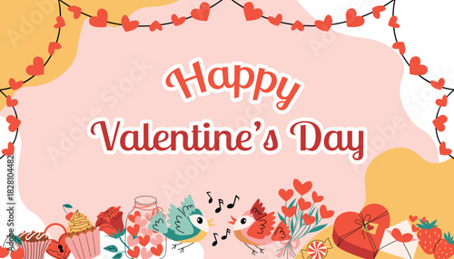Colorful Happy Valentines Day greeting card with festive text, organic shapes, heart garlands, songbird couple, heart gift box, heart jar, roses, cupcakes, mail with hearts, strawberries and cherries.