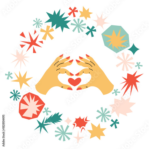 Circular frame with stars and simple geometric elements highlighting a hand gesture forming a heart. A playful flat cartoon Valentine card ideal for love themes, posters, prints, and holiday decor.