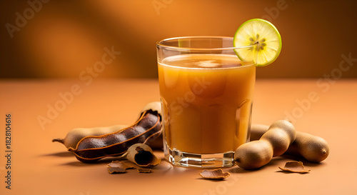 Refreshing tamarindo juice served in a clear glass with fresh tamarind pods and a lime slice garnish, perfect for summer thirst quenching and exotic beverage concepts.