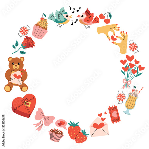Colorful round frame decorated with Happy Valentines Day elements like songbird, teddy bear, milkshake, cupcake, strawberry, cherry, rose, bow, heart hands gesture and love mail.