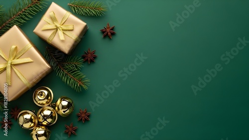 Elegant Gold Christmas Gifts and Jingle Bells on Green Background