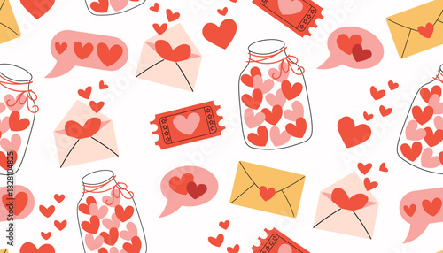 Colorful seamless pattern with cute Valentine elements like heart jar, heart speech bubble, heart ticket and love letter placed in a fun scattered layout. Bright romantic design.