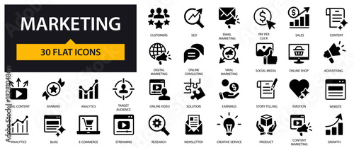 Marketing icons set. Digital Marketing, Social Media, Advertising, SEO, E-commerce and others.