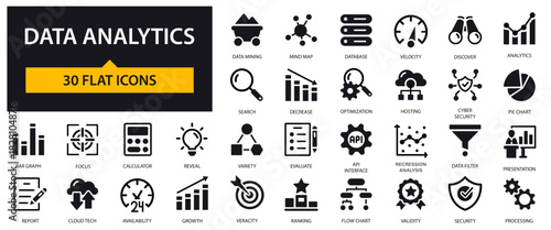Data analytics icons set. Data Mining, Database, Optimization, Reports, Dashboards and others.