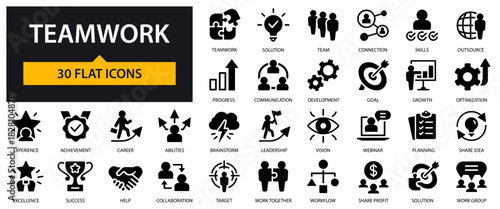 Teamwork icons set. Collaboration, Communication, Leadership, Workflow, Achievement and others.