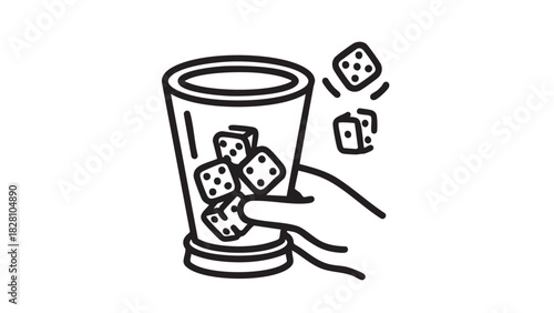 Hand holding a glass with ice cubes, and dice rolling from the top, graphic illustration