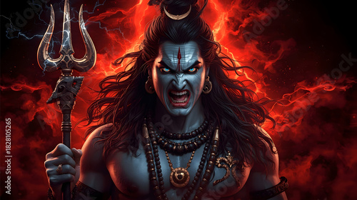 portrait of angry lord shiva holding trishul on red background