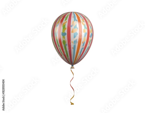 Festive party balloon with colorful stripes and confetti pattern floating on a white background