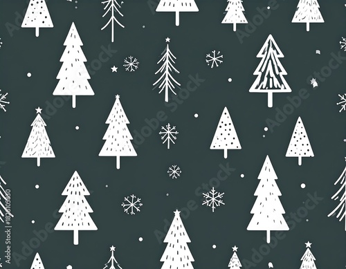 Festive pattern of white Christmas trees and snowflakes on a dark grey-green background