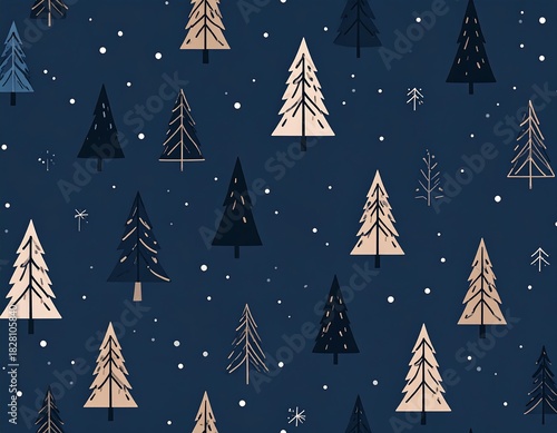 Festive pattern of stylized Christmas trees scattered on a dark blue, snowy, holiday background