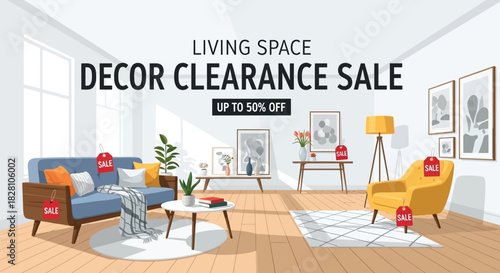 Living space decor clearance sale with up to 50% off isolated on white background