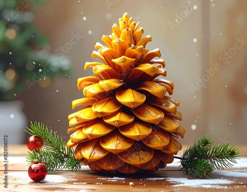 Festive pinecone decoration on wood, with snowy details, in a soft, warm-toned, holiday atmosphere