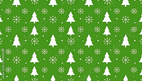 Festive pattern stylized white trees and snowflakes repeated on a green background for holiday cheer and decoration
