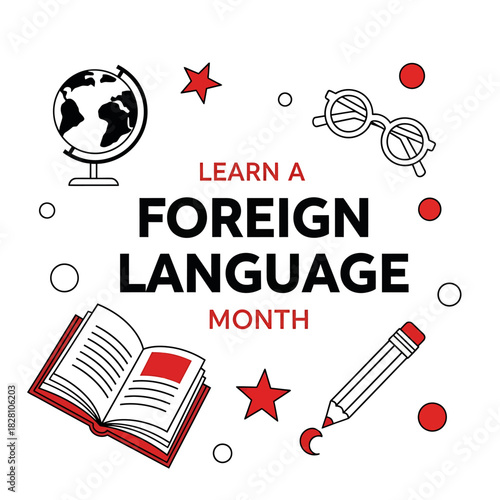 Learn a foreign language month with study objects isolated on white background