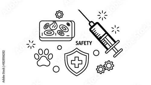 Pet health, vaccination, and safety icons isolated on white background