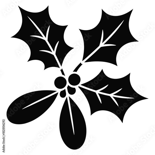 A black silhouette of a festive arrangement featuring holly leaves with berries and mistletoe, symbolizing winter holidays and christmas traditions, isolated on