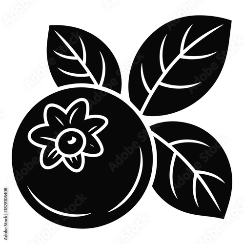 A minimalist black and white graphic illustration of a single ripe blueberry with its distinctive crown, accompanied by three leaves, symbolizing healthy eating and fresh produce
