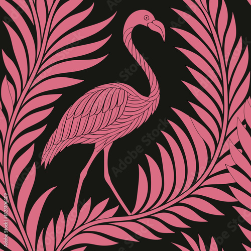 Pink flamingo standing among tropical leaves on black background, concept of seamless vector pattern  