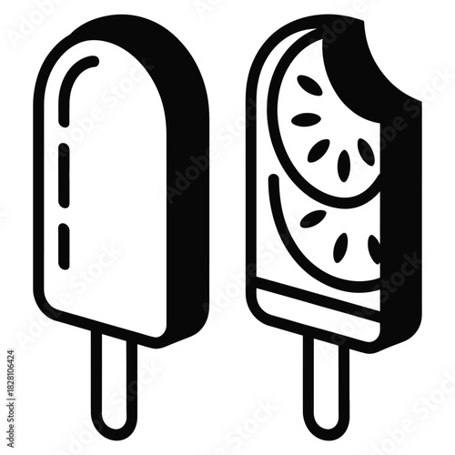 A pair of refreshing summer treats, featuring a whole popsicle and another with a bite taken out, revealing juicy watermelon slices and seeds, depicted in a minimalist black and white line art style