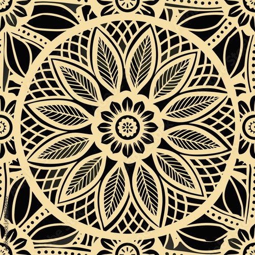 Black and beige seamless vector pattern with floral motifs  