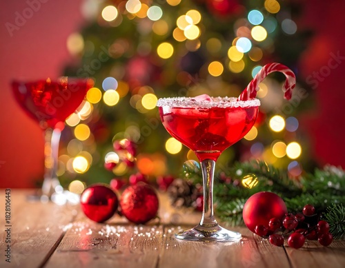 Festive red cocktails, sugared rims, candy cane garnish, with a blurred Christmas tree and ornaments