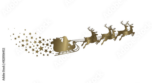 Transparent base, isolated, gold-colored, Santa Claus sleigh and reindeer silhouette leaving star trails. Fast delivery and holiday cheer.