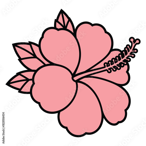 A pink hibiscus flower illustration, featuring delicate petals, prominent stamen, and leaves, rendered in a clean style, isolated on a, ideal for tropical, summer, and floral designs