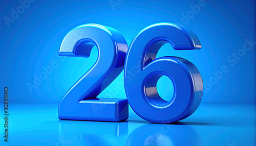 Shiny blue plastic number 26 isolated on matching blue backdrop, 3D rendering.