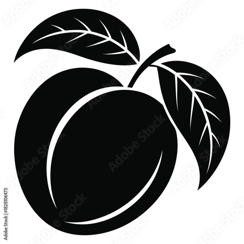 A simple black and white silhouette illustration of a ripe plum fruit with two leaves, showcasing its smooth contour and natural form, isolated on