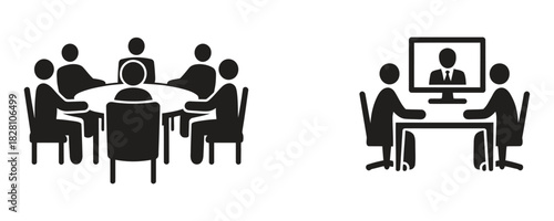 Team collaboration with in-person and virtual meetings, showcasing hybrid work models for successful business strategy and global communication