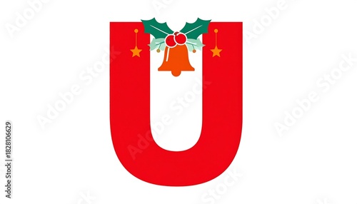 Festive red letter 'U' adorned with holly and bell, set against a white background creating holiday cheer