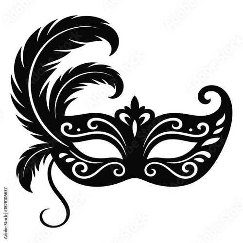 Elegant black masquerade mask with ornate scrollwork and decorative feathers, perfect for carnival, mardi gras, halloween, or venetian themed events, isolated on