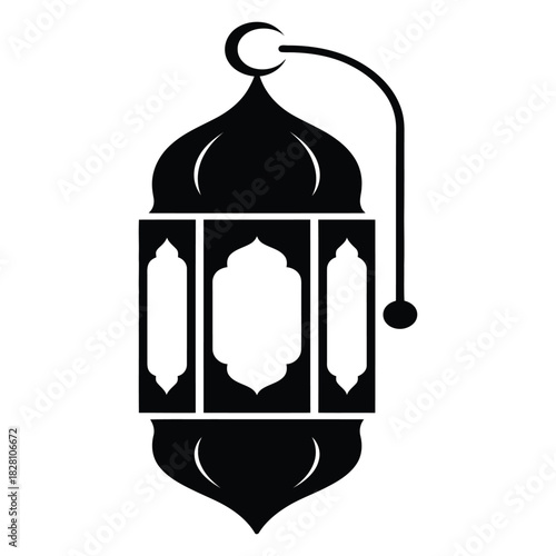 Elegant black silhouette of a traditional islamic lantern, featuring intricate design elements and a crescent moon on top, symbolizing cultural and religious celebrations like ramadan and eid