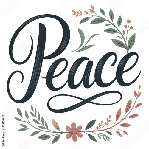 Handlettered peace typography, beautifully framed by a delicate floral wreath with green leaves and small pink blossoms, conveying a serene and harmonious message, isolated on