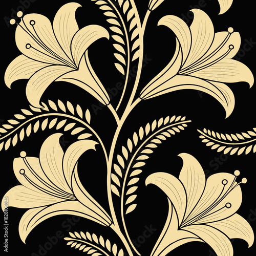 Floral seamless vector pattern with cream lilies on black background  