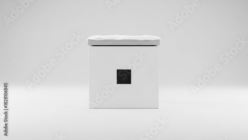 Minimalist white pedestal with snow, modern design element for product display, conceptual art, clean aesthetic, artistic presentation stage for object showcase