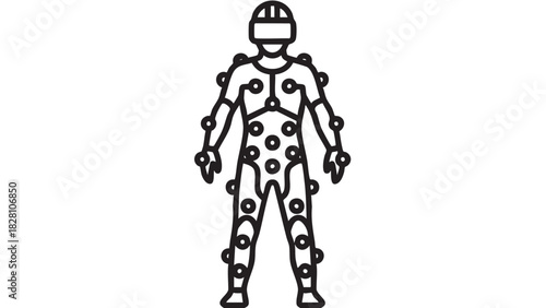 Motion capture suit with markers, a human body outline wearing a suit covered in circular markers for tracking movement, technological innovation