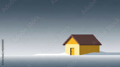 Cozy minimalist home in winter landscape, perfect for real estate marketing, architectural design, or seasonal greetings, conveying peace and simple living