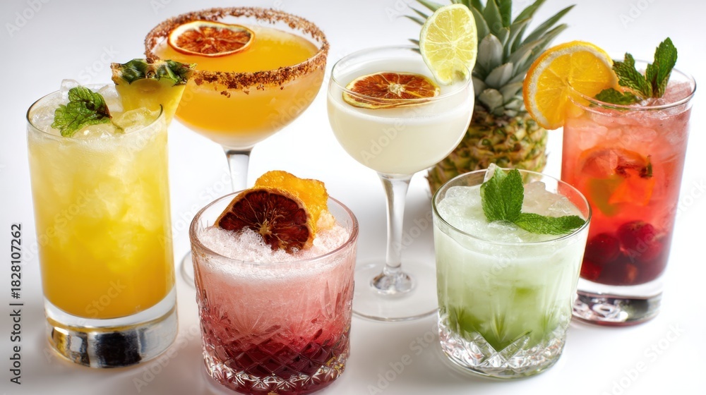 Fototapeta premium A row of colorful cocktails in glasses, including a green one with mint. The drinks are arranged in a row on a white background