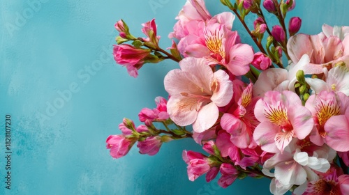 A bouquet of pink flowers is displayed on a blue background. The flowers are arranged in a way that they are not overlapping each other, and they are all facing the same direction