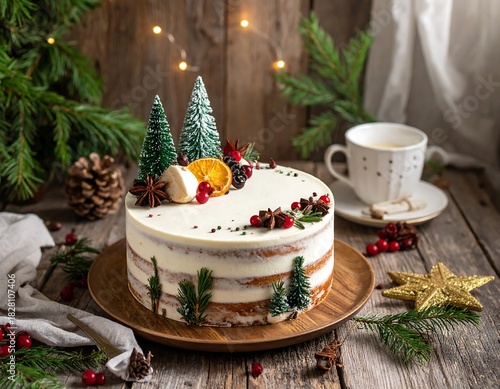 Festive, rustic cake decorated with winter foliage and miniature trees, sitting on a wooden table with warm lighting