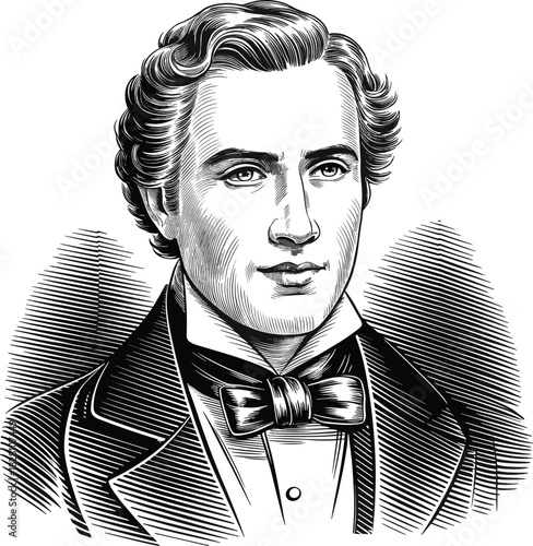 Vintage portrait of a famous British man with a tie, showing his antique engraving face and historic expression