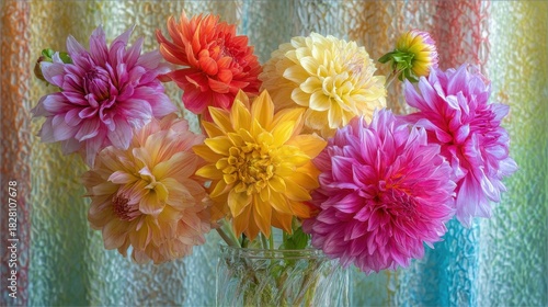A vase of colorful flowers is displayed on a table. The flowers are arranged in a way that creates a sense of harmony and balance. The colors of the flowers are bright and cheerful
