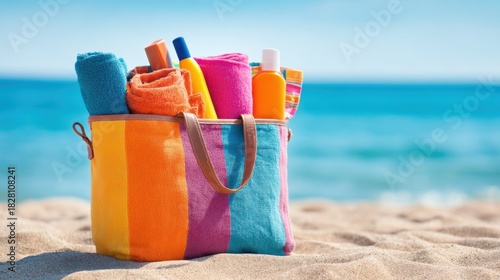 A colorful beach bag filled with towels and sunscreen sits on the sand. The beach is calm and peaceful, with the ocean in the background. The bag is a bright and cheerful addition to the scene