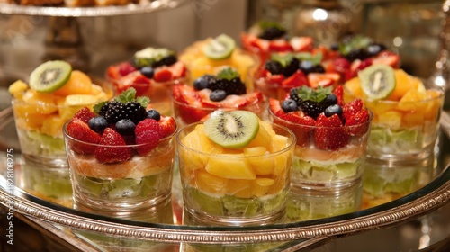 A tray of fruit salad in glass bowls with a variety of fruits including strawberries, kiwi, and blueberries