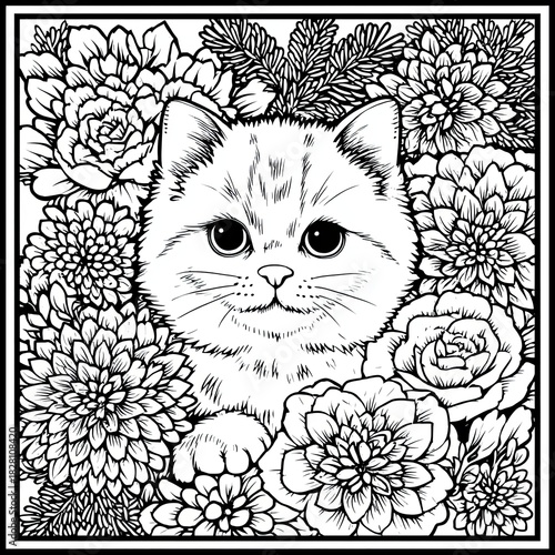 A cat is sitting in a flower garden. The cat is looking at the camera. The flowers are in various colors and sizes