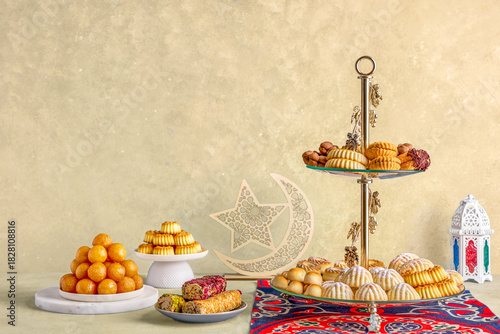Maamoul , bisquits, loqma . Traditional middle eastern sweets for celebration Eid Al- Fitr after Ramadan	