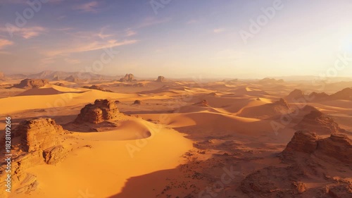 Breathtaking aerial drone view of vast desert landscape at golden hour with dramatic sand dunes